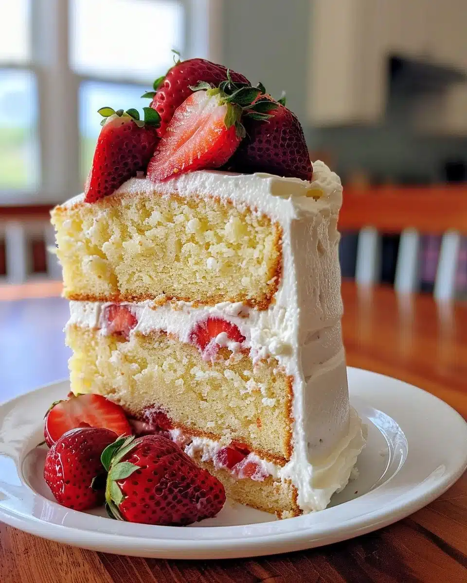 Delicious homemade strawberry cake with fresh strawberries on top