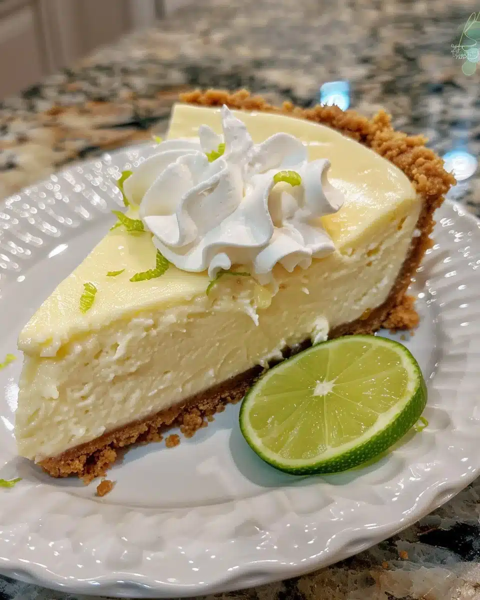 Delicious key lime pie with cream cheese topping on a graham cracker crust