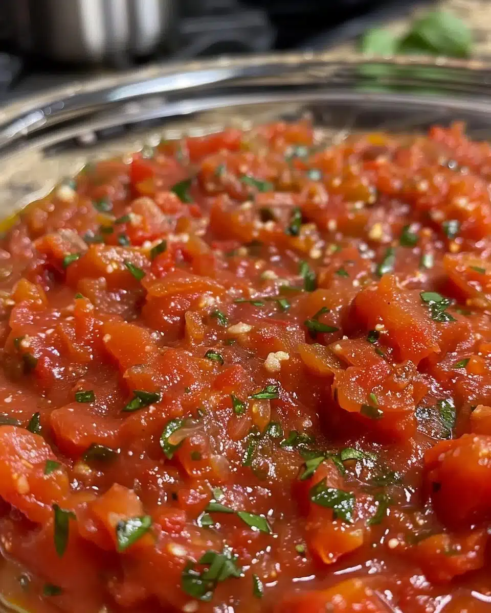 A bowl of Lazy Girl Marinara sauce with fresh tomatoes and herbs