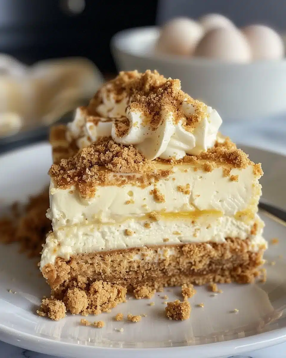 Slice of lemon meringue cheesecake with golden meringue topping