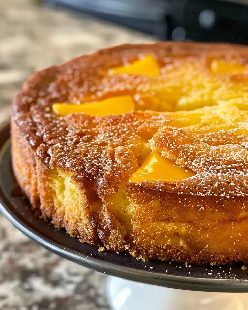 A slice of Mango Lassi Cake garnished with mango and yogurt.