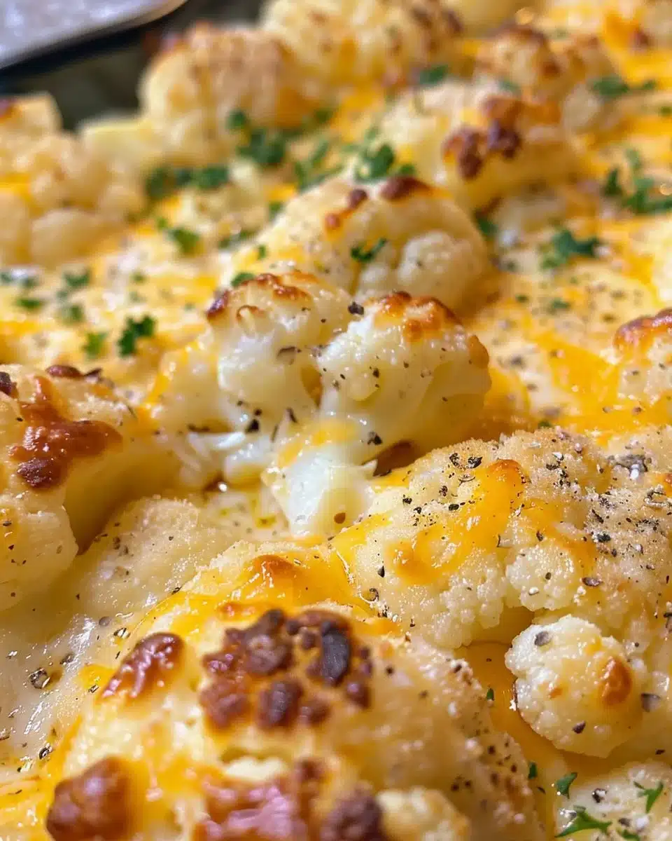 Delicious Million Dollar Cauliflower Casserole topped with cheese and breadcrumbs