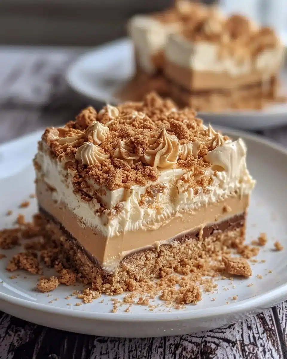 No Bake Peanut Butter Pie topped with whipped cream and chocolate drizzle