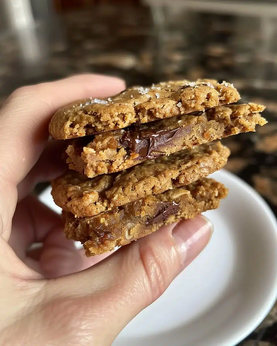 Freshly baked oatmeal chocolate chunk cookies on a cooling rack