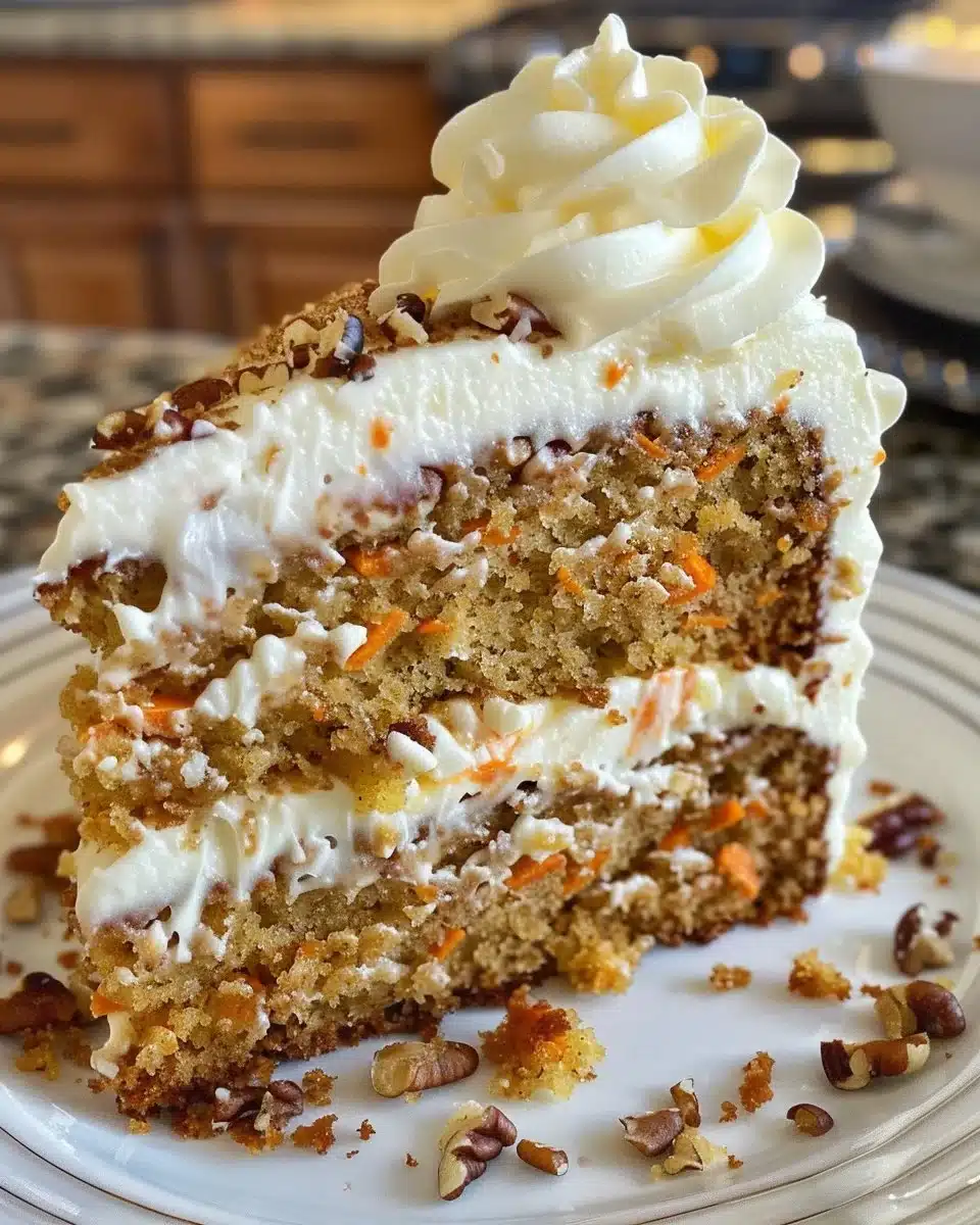 Delicious Pineapple Carrot Cake topped with cream cheese frosting and pineapple slices.