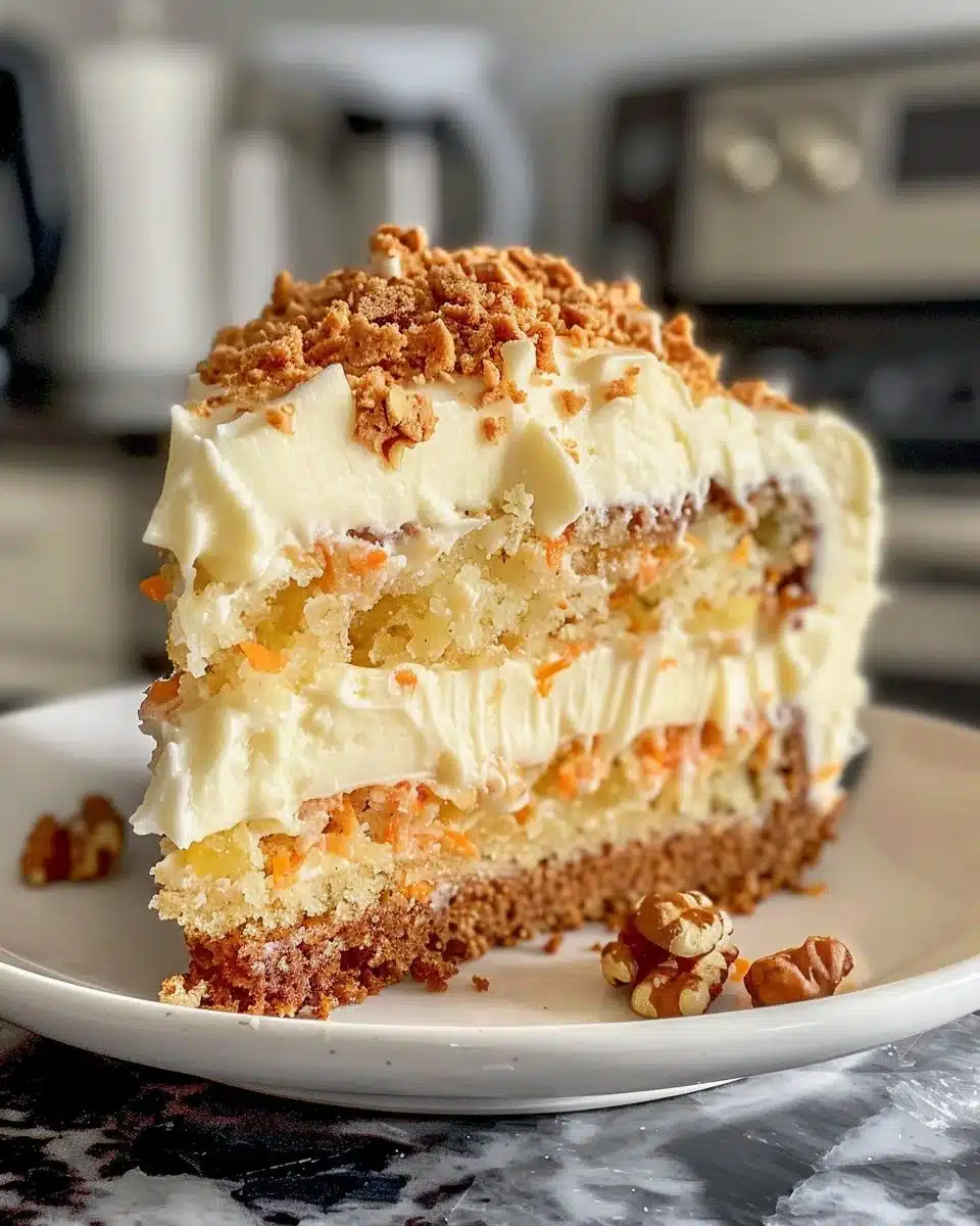 Delicious slice of Pineapple Carrot Cake with cream cheese frosting