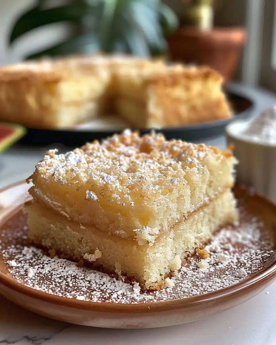 Delicious powdered sugar donut cake displayed on a festive table