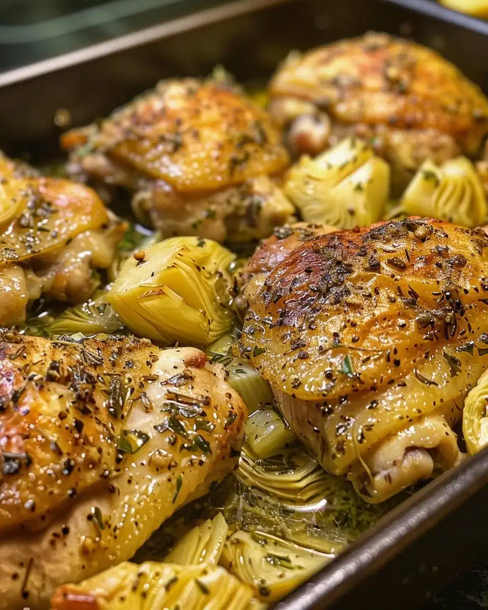 Sheet pan with lemon artichoke chicken thighs, garnished and ready to serve.