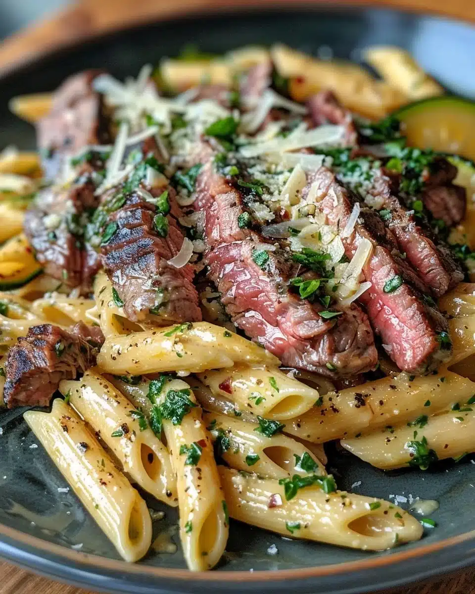Delicious Steak Penne with Zucchini served in a bowl