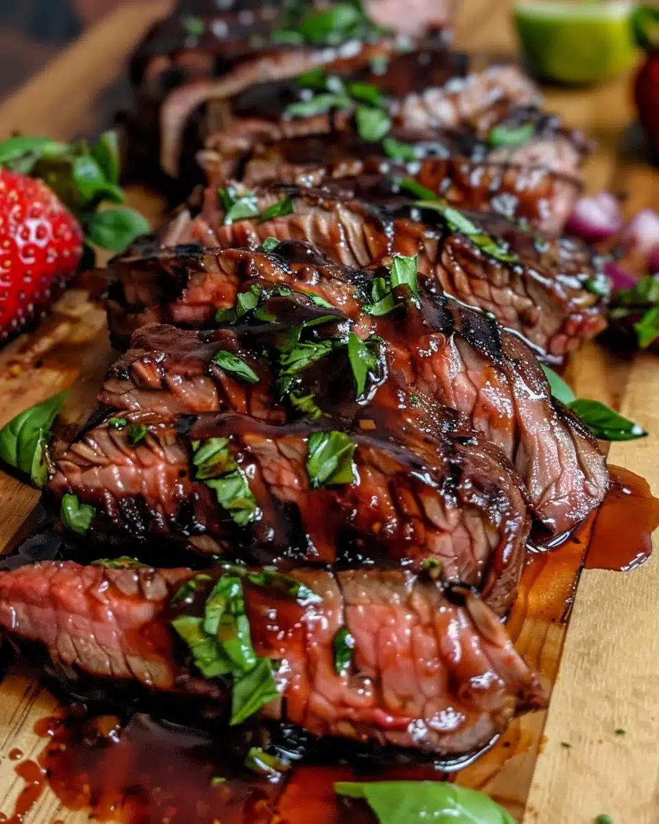 Strawberry barbecue beef flank steak grilled to perfection