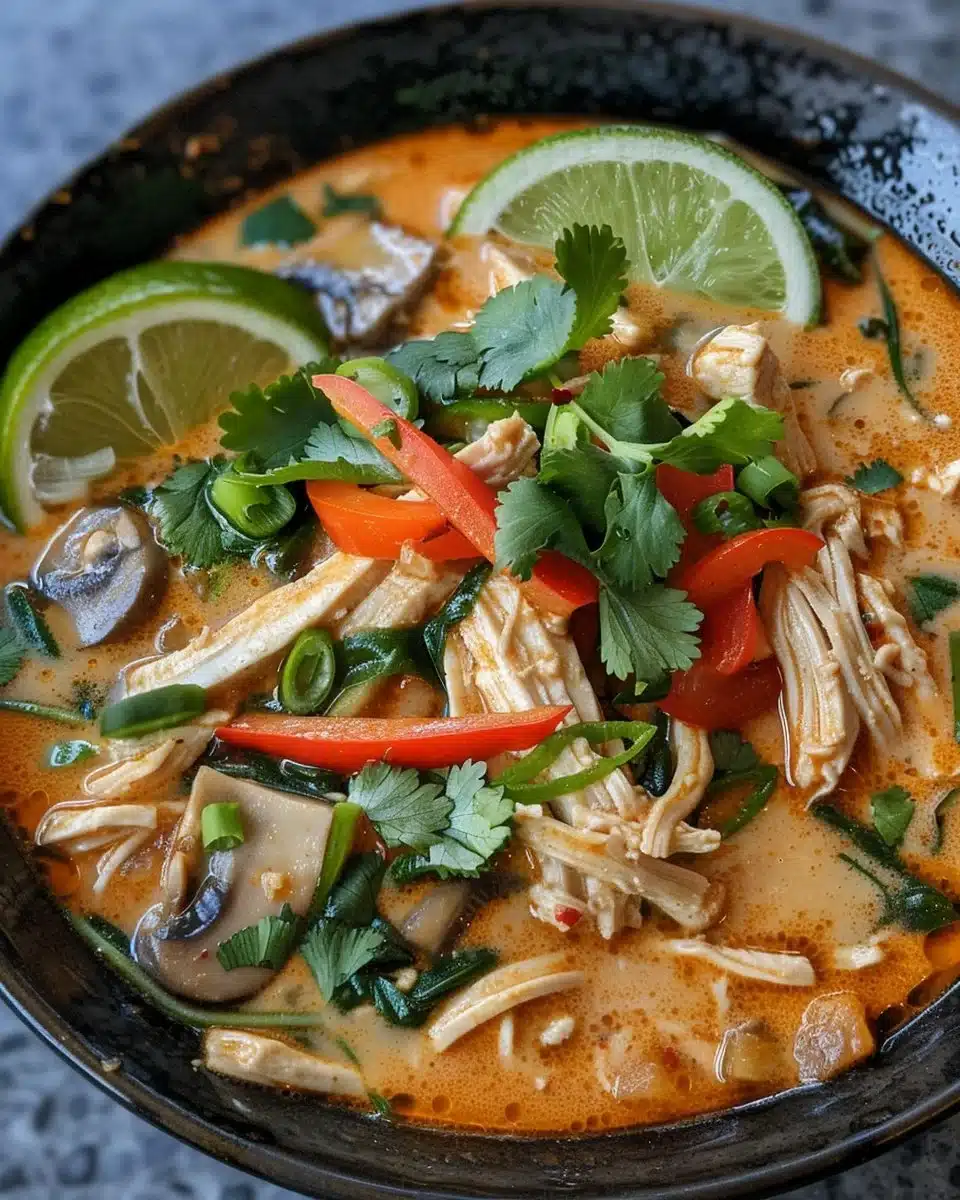 Delicious bowl of Thai Chicken Curry Soup with vibrant vegetables and spices