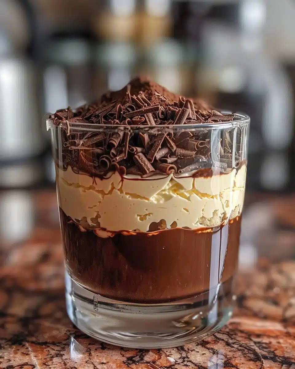 Delicious Triple Chocolate Tiramisu layered with rich chocolate flavors.