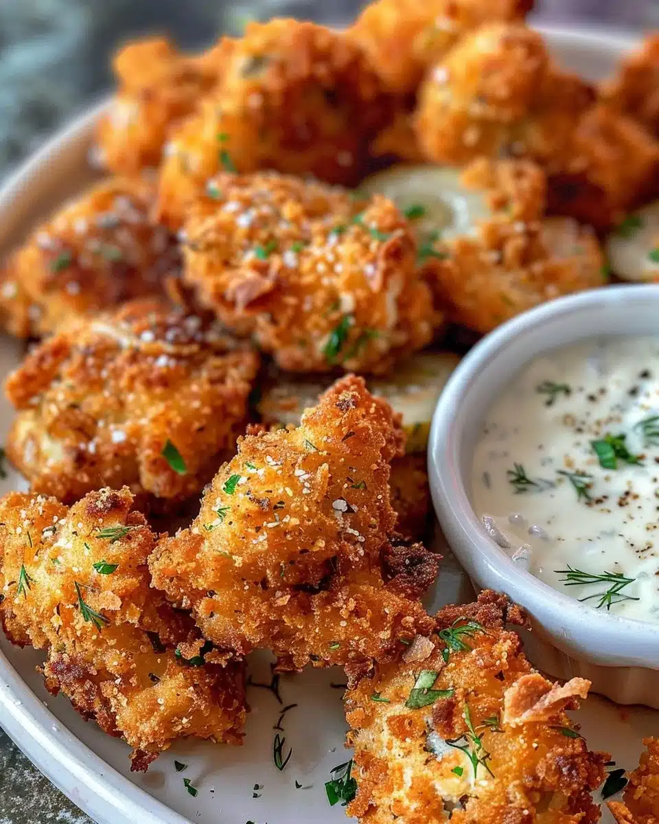 Air fryer fried mini pickles served on a plate with a dipping sauce.