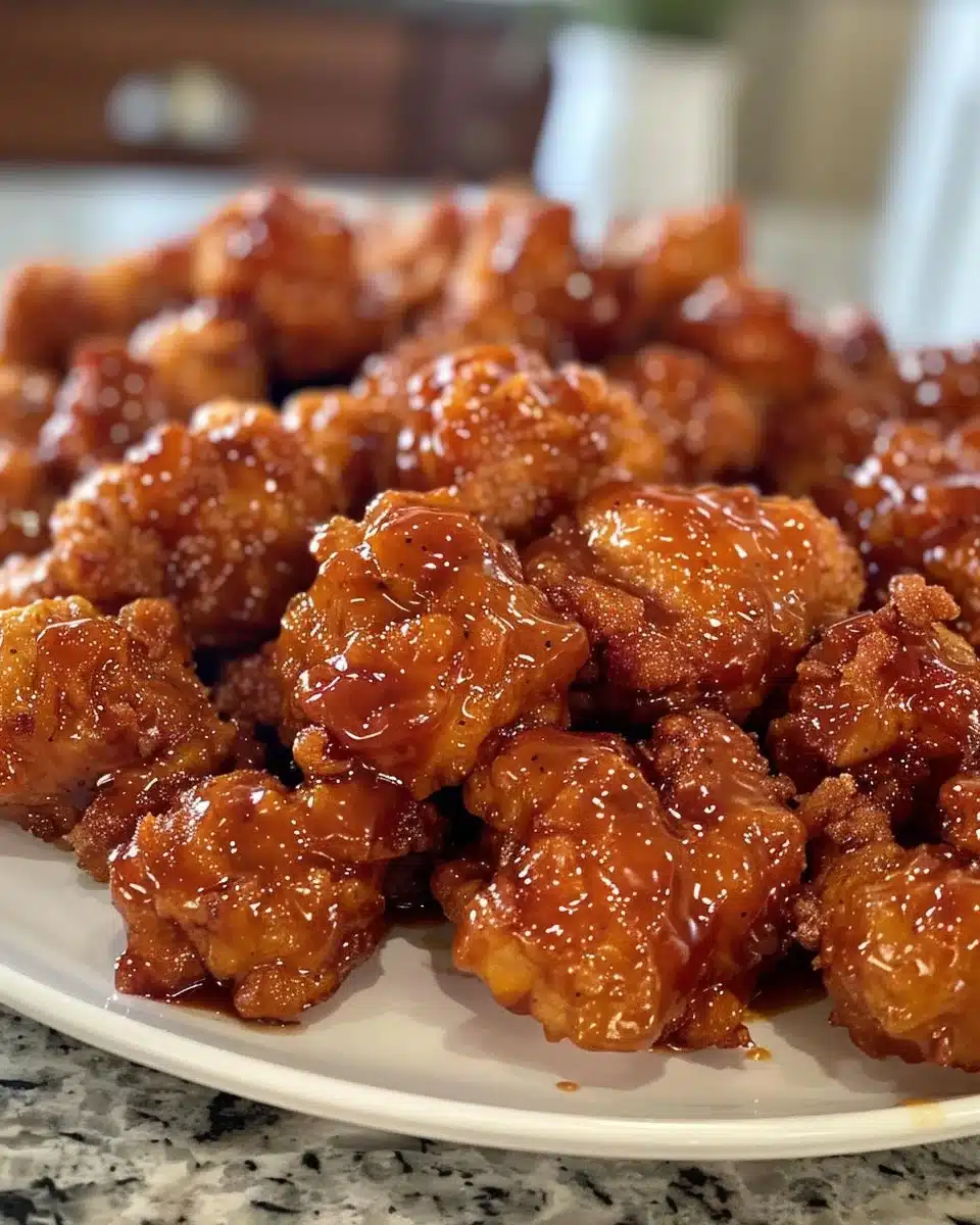 Baked Honey BBQ Popcorn Chicken with a crispy coating and tasty honey glaze