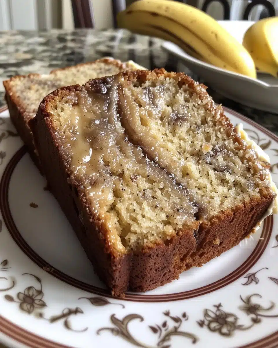 Delicious homemade banana cake garnished with banana slices and frosting.