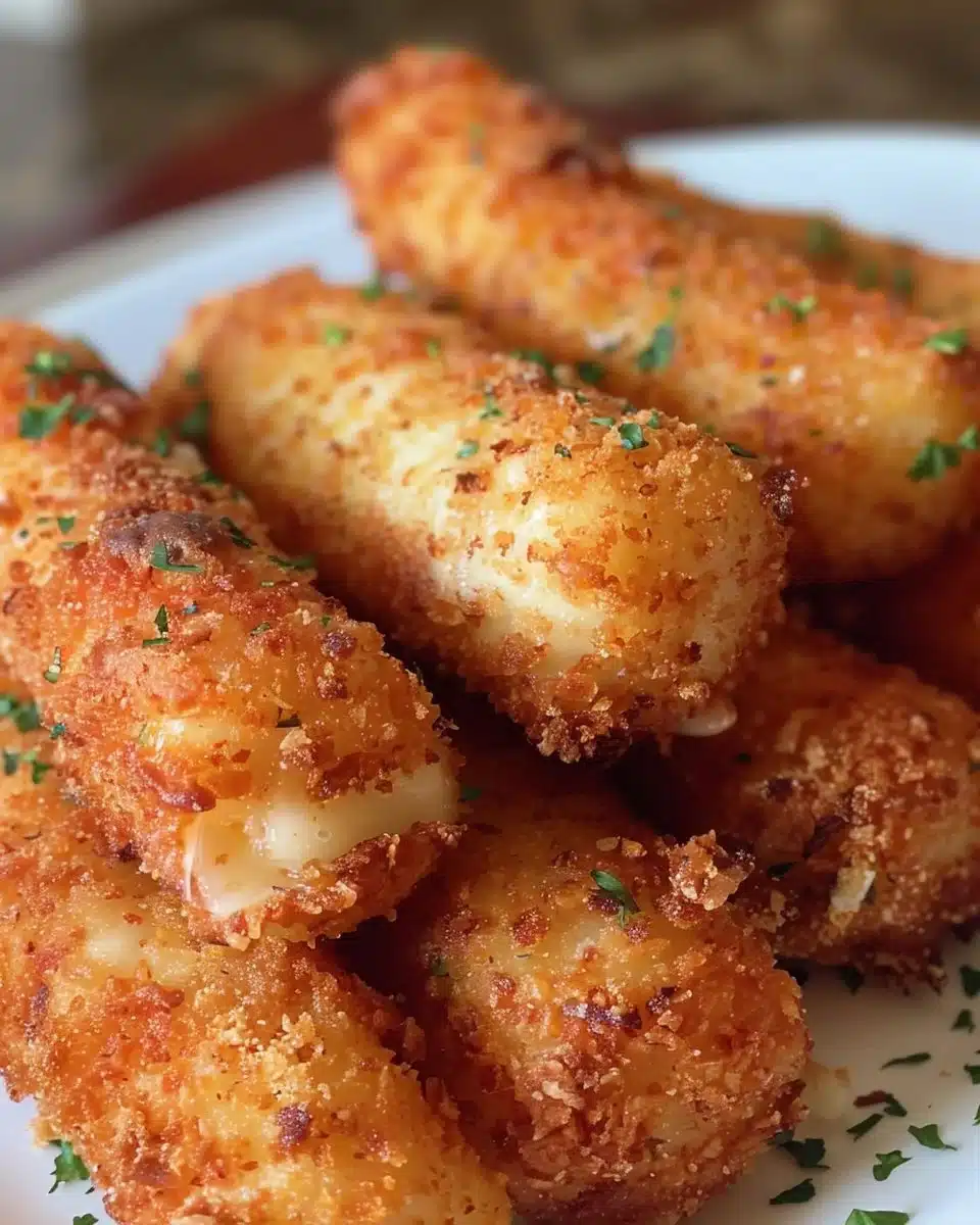 Plate of crispy breaded mozzarella sticks with marinara sauce for dipping