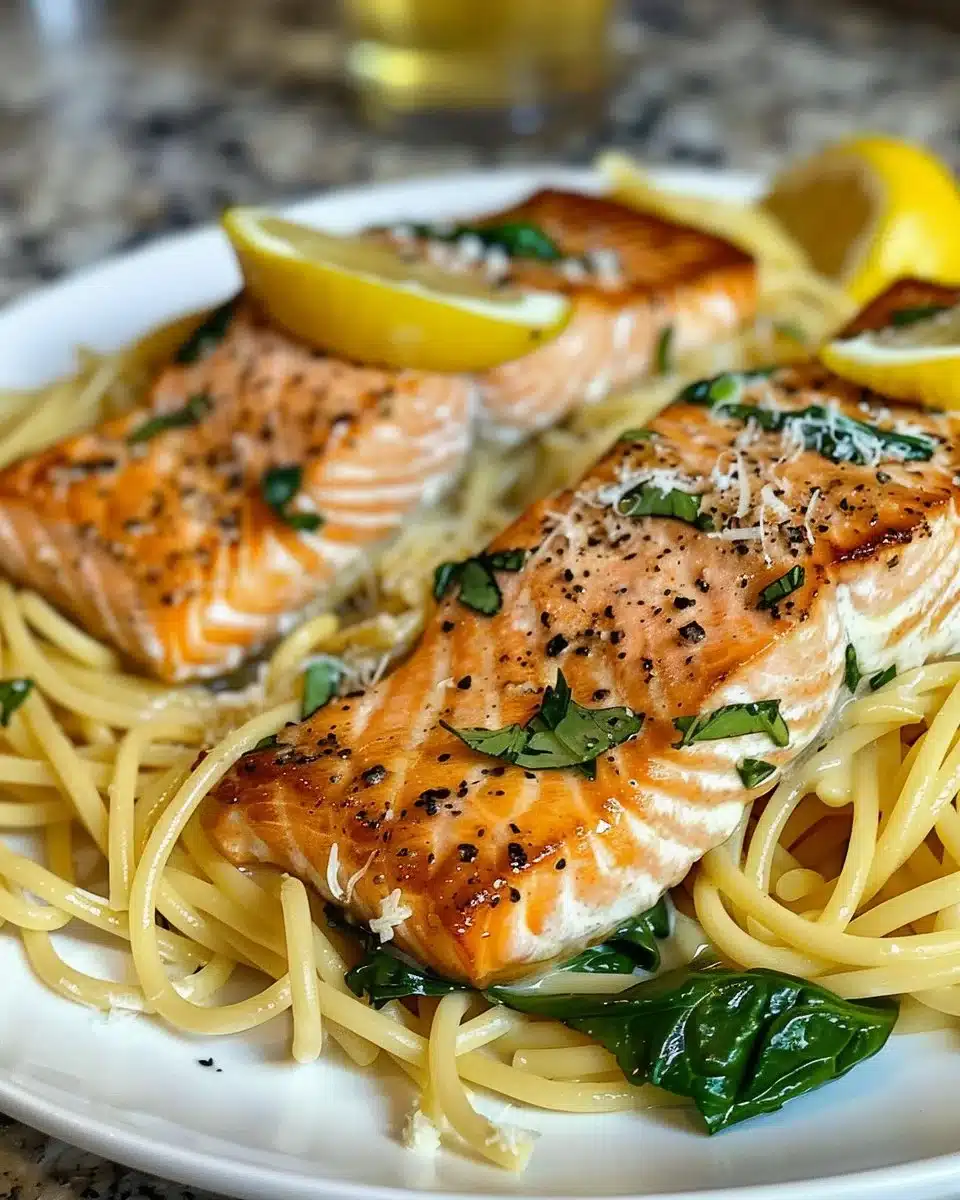 A vibrant dish of bright salmon pasta with fresh herbs and vegetables.