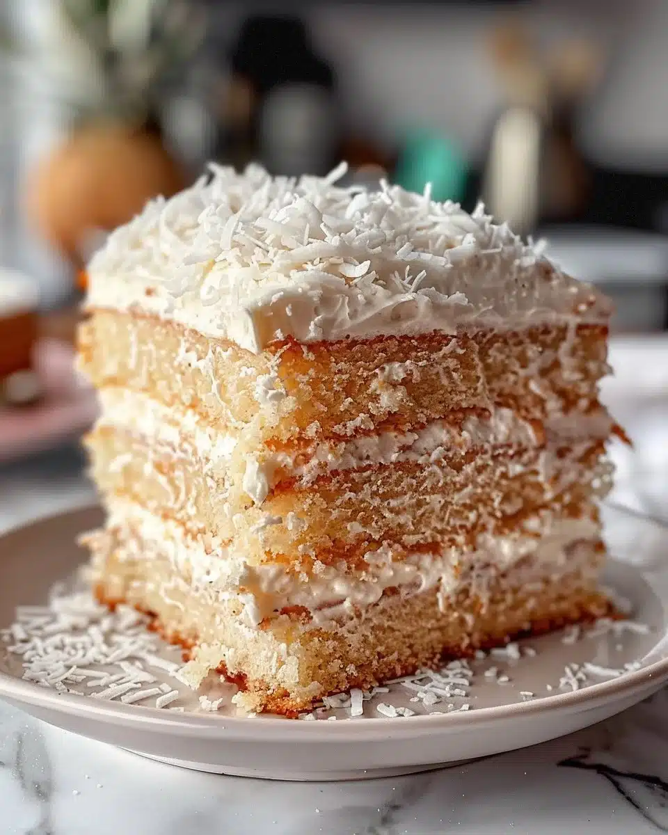 Moist and fluffy Coconut Layer Cake with coconut frosting and decorations.