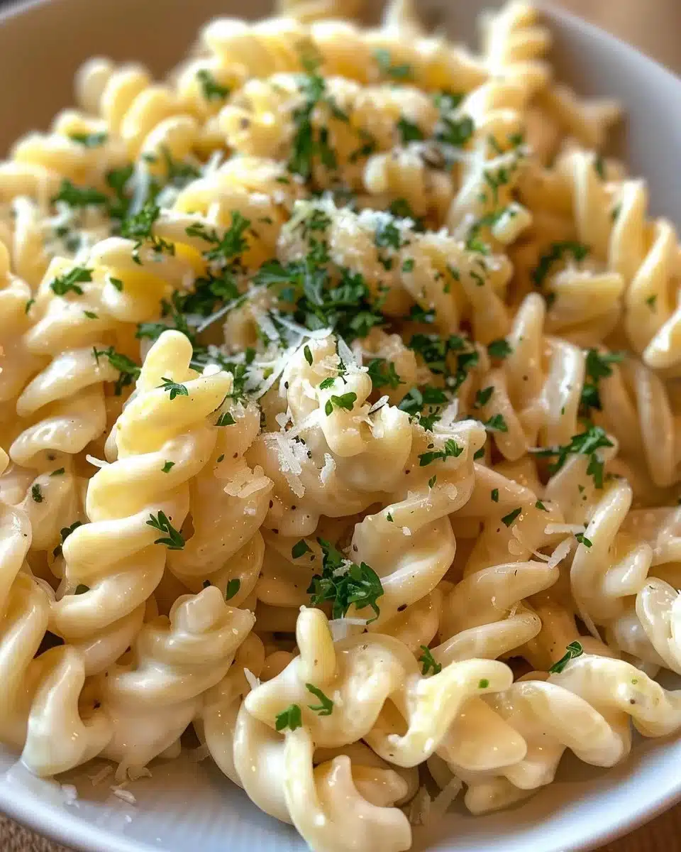 Cream Cheese Pasta Sauce in a bowl garnished with herbs