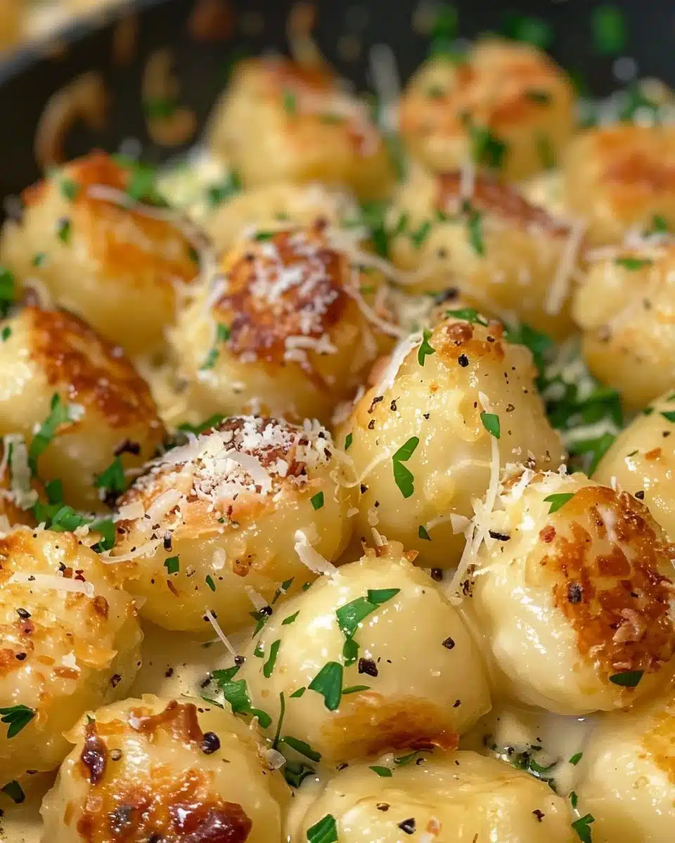 Creamy Alfredo Gnocchi dish garnished with herbs and served in a white bowl
