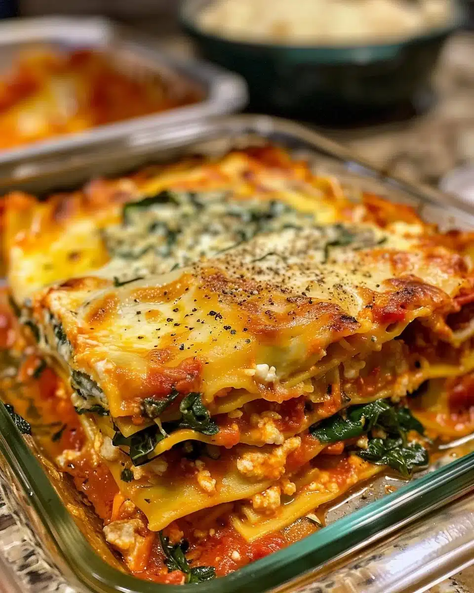 Creamy chicken lasagna served in a baking dish with melted cheese on top