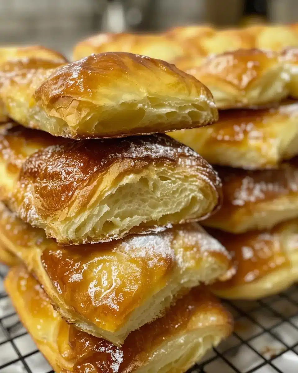 Freshly baked easy cinnamon rolls with icing on a wooden platter.