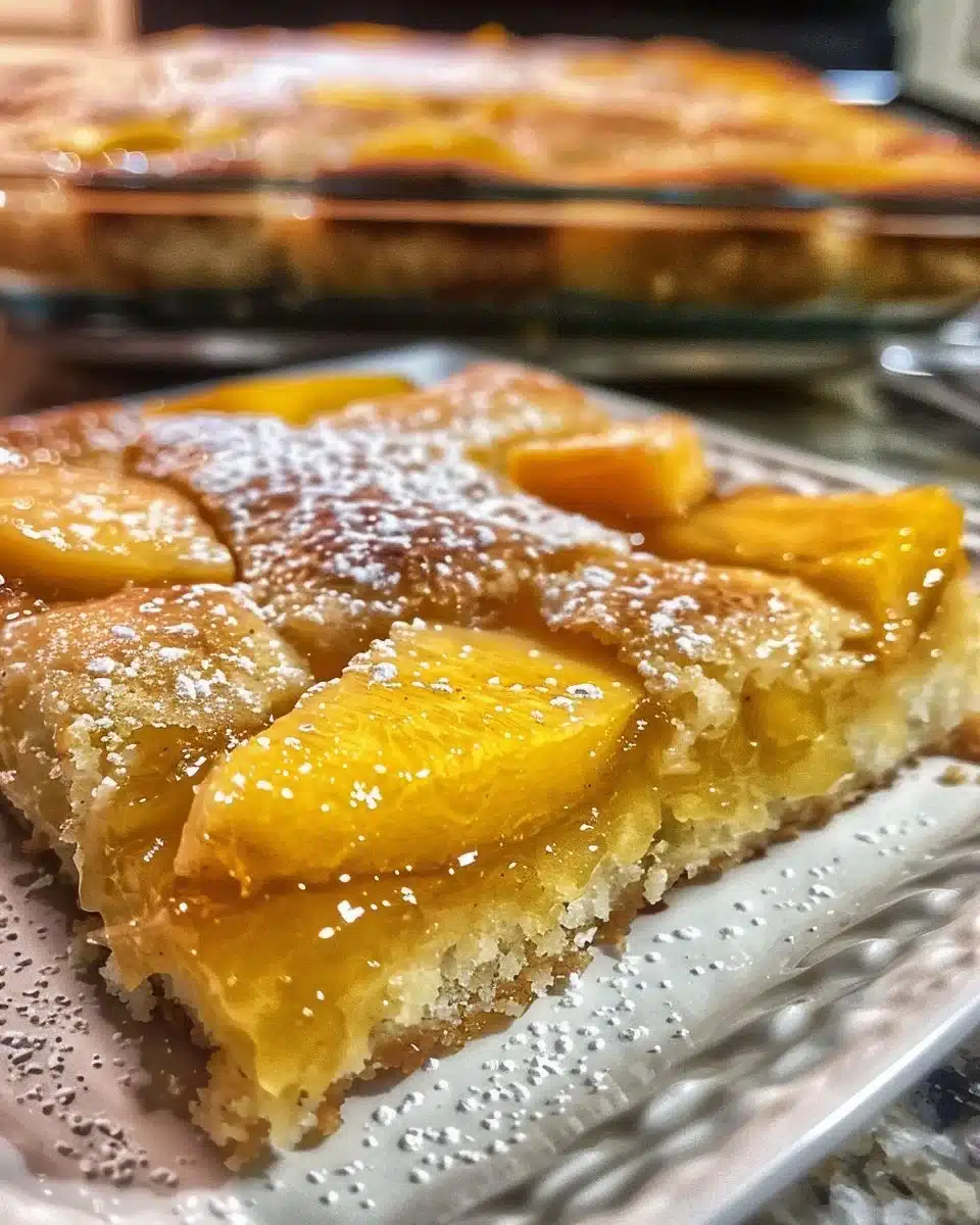 Fresh peach cake topped with slices of ripe peaches and cream