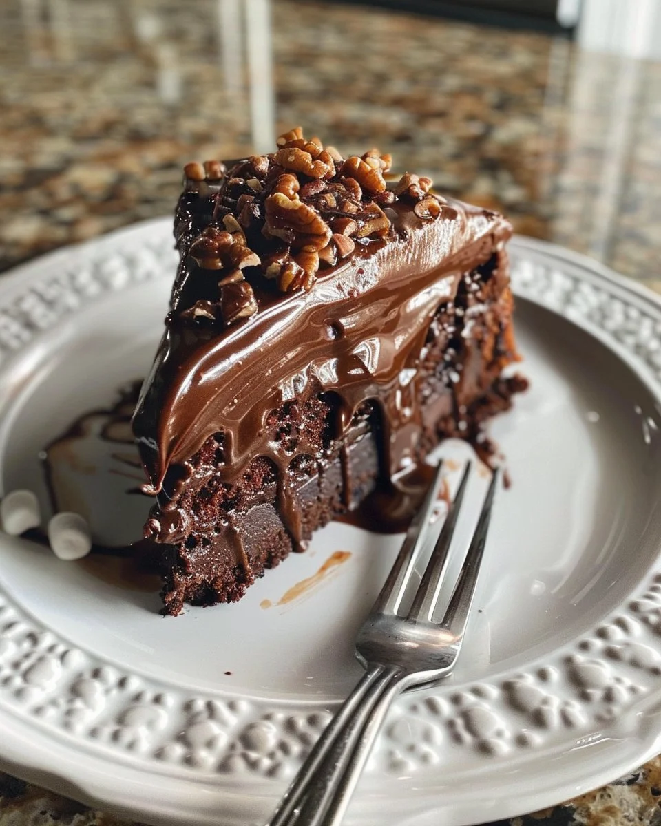 Slice of Holy Cow Cake topped with whipped cream and chocolate drizzle.