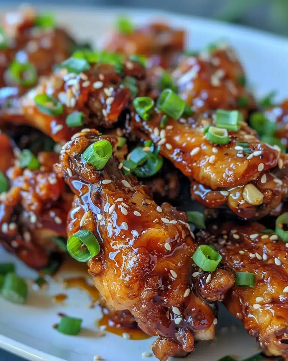 Plate of honey garlic chicken wings garnished with sesame seeds and herbs
