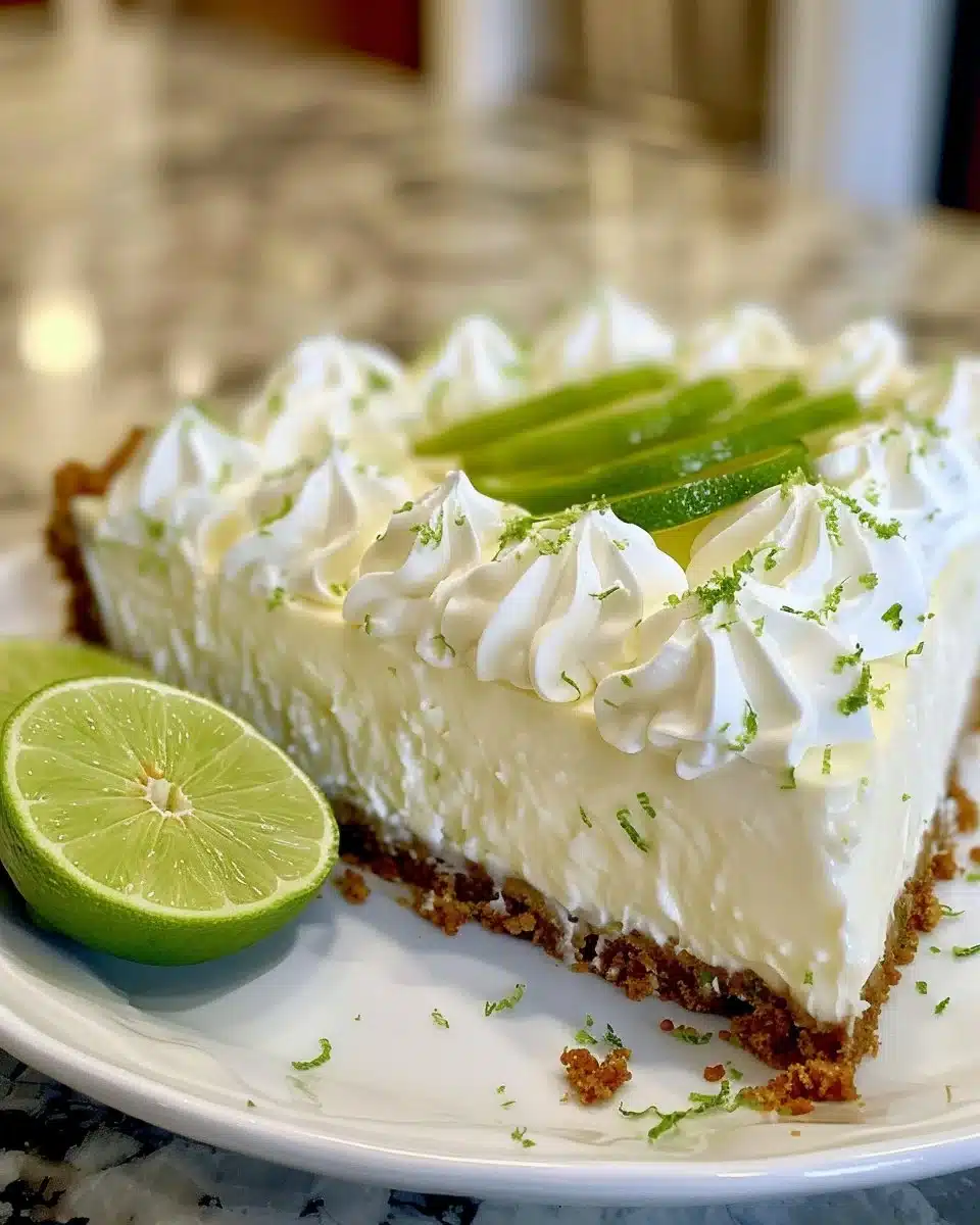 Homemade Key Lime Pie with Cream Cheese on a white plate