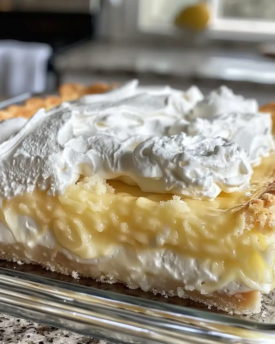 Delicious lemon dump cake topped with fresh lemon slices and whipped cream.
