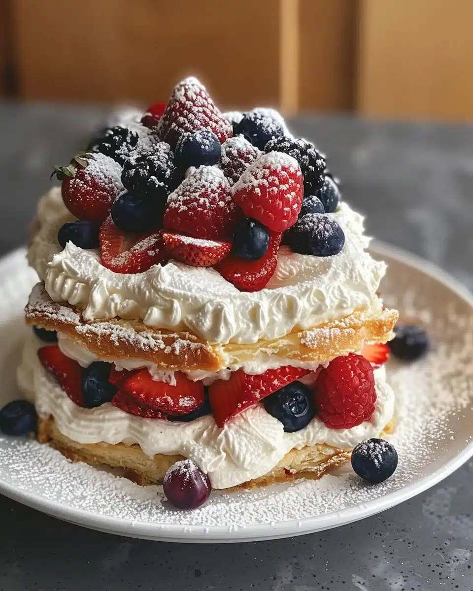 No-Bake Berry Chantilly Cake topped with fresh berries and whipped cream