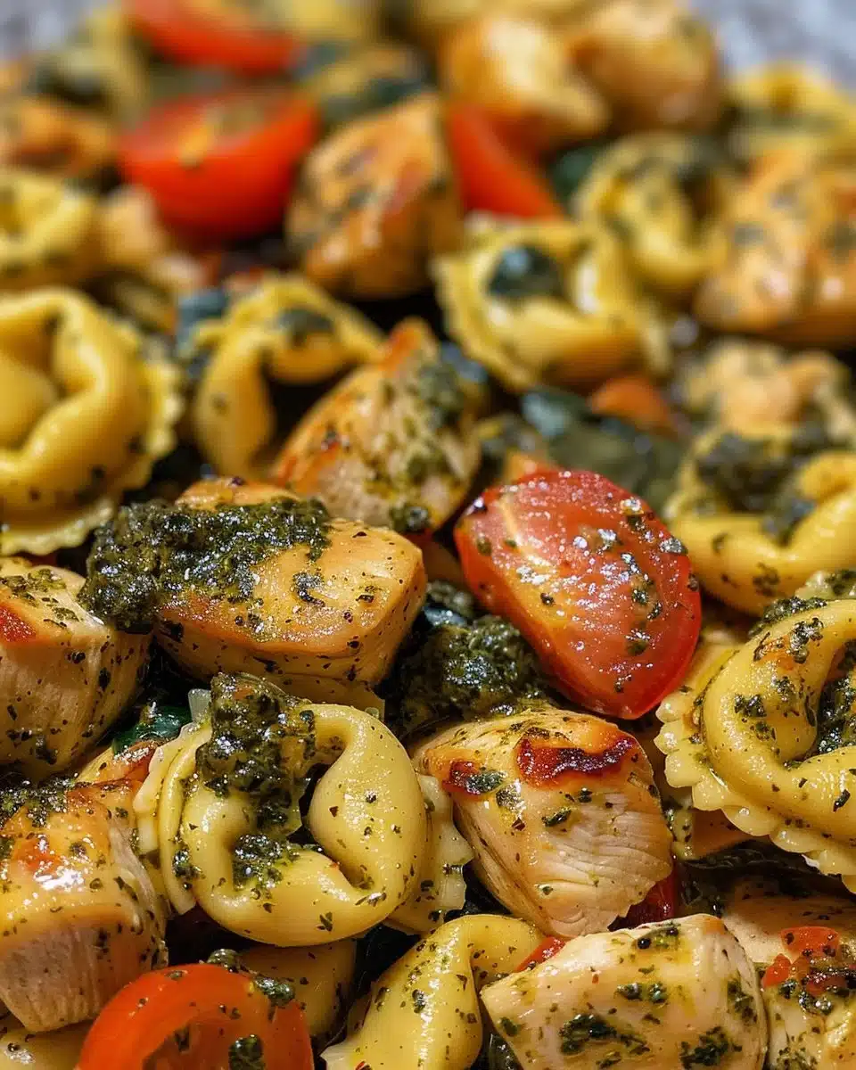 One-Pan Chicken and Tortellini Pesto served in a skillet with fresh basil.