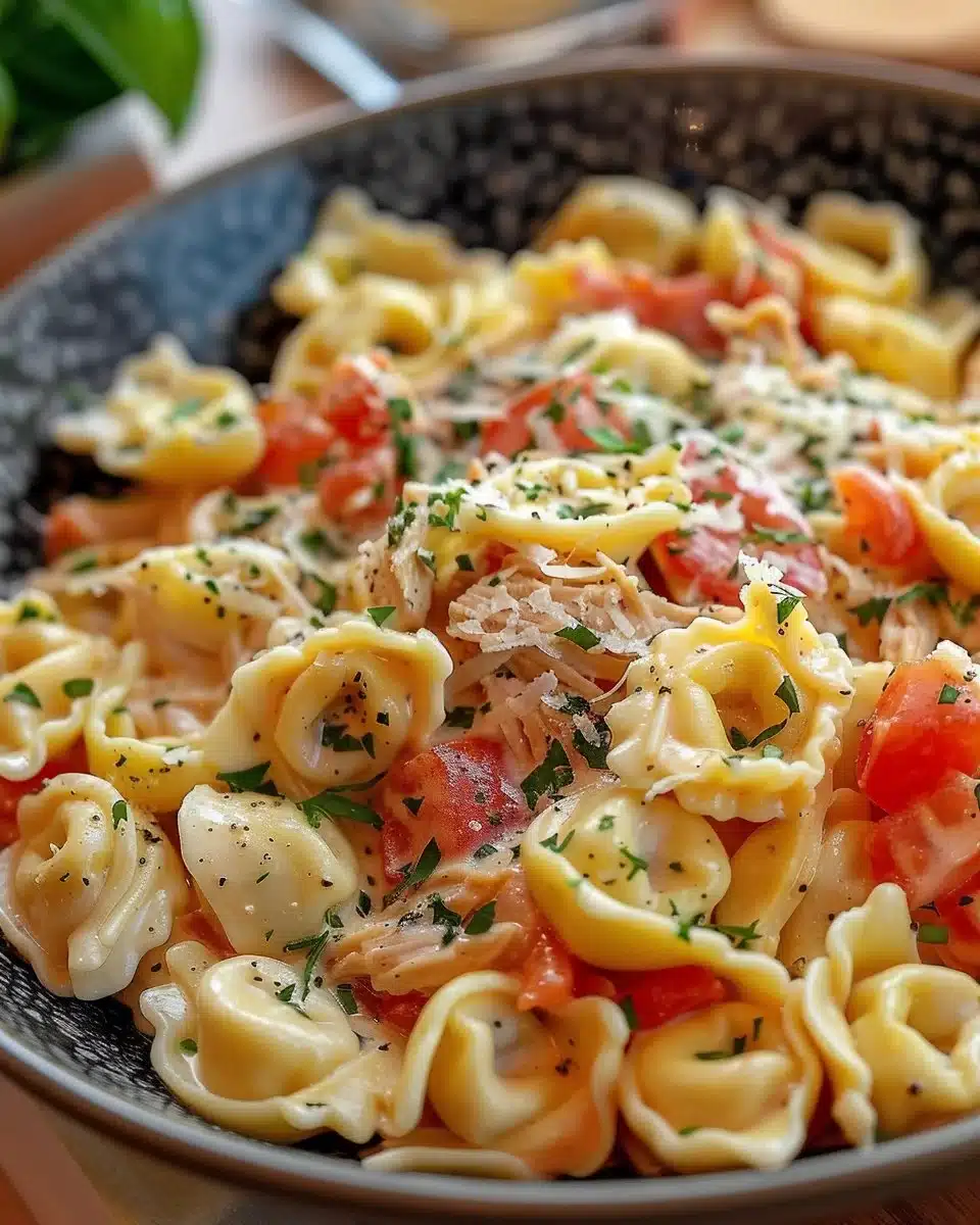 One Pan Tortellini with Chicken dish served in a skillet