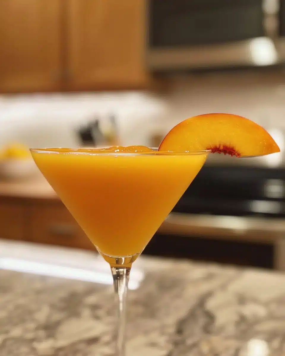 A refreshing Peach Bellini cocktail served in a fluted glass with fresh peaches.