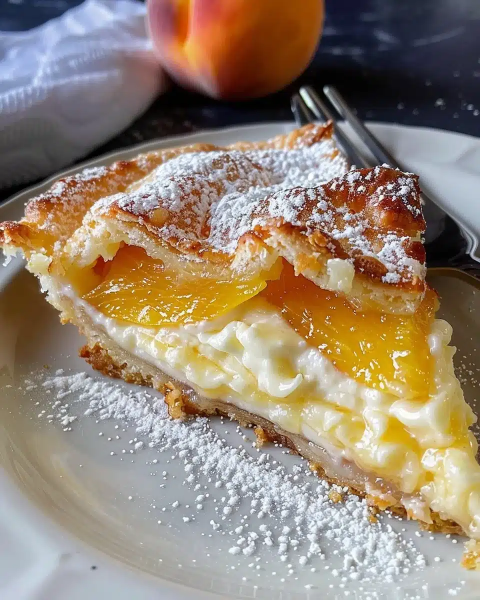 Delicious Peaches and Cream Cake with fresh peach slices and creamy frosting