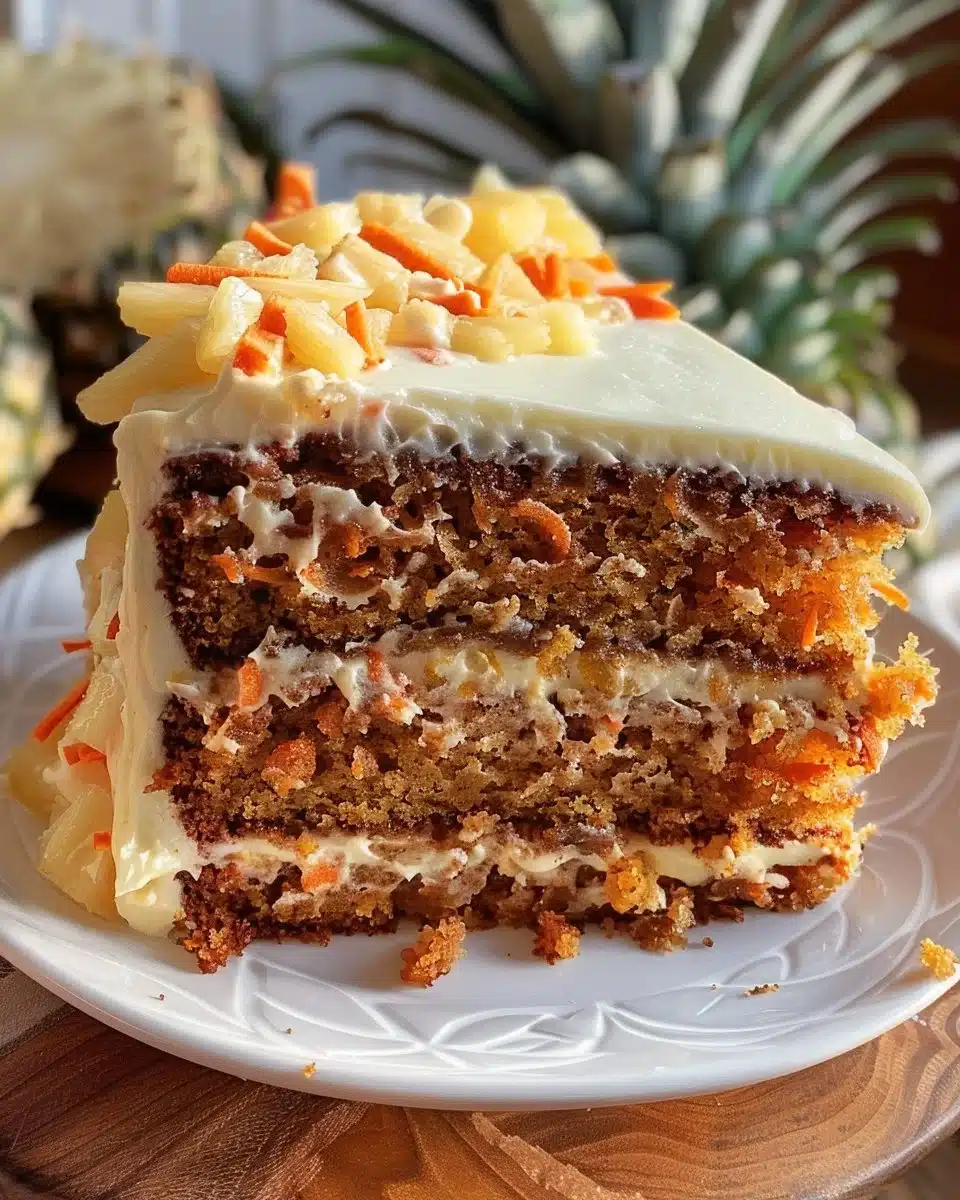 Delicious Pineapple Carrot Cake topped with cream frosting and fresh pineapple slices