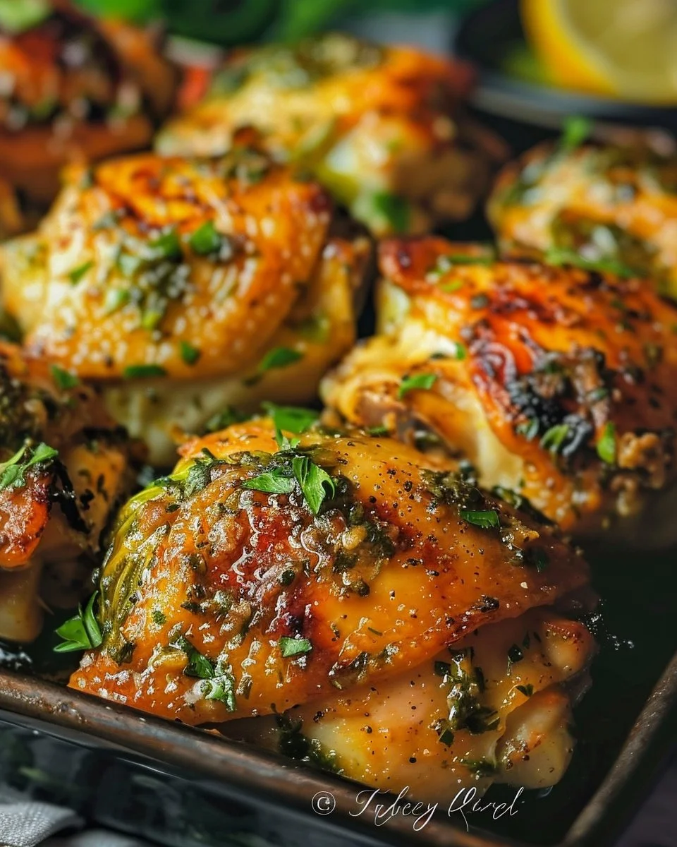 Roasted chicken thighs served with Brussels sprouts on a white plate