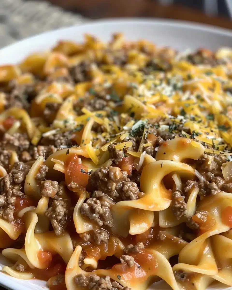 Delicious Sour Cream Noodle Bake served with herbs and cheese on top