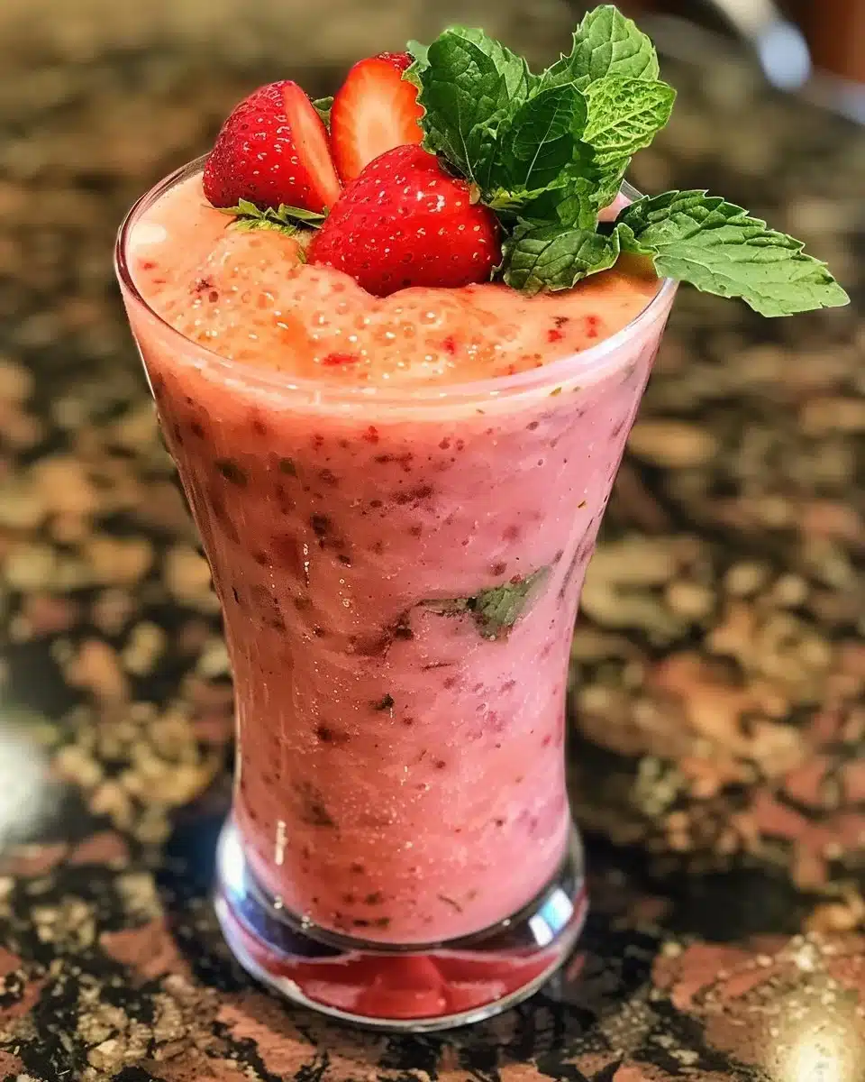 Bowl of vibrant strawberry soup garnished with fresh strawberries and mint leaves.