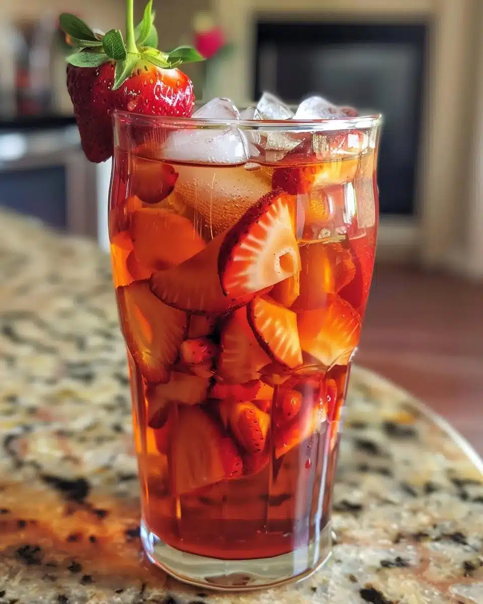 Glass of refreshing strawberry sweet tea with fresh strawberries and mint garnish