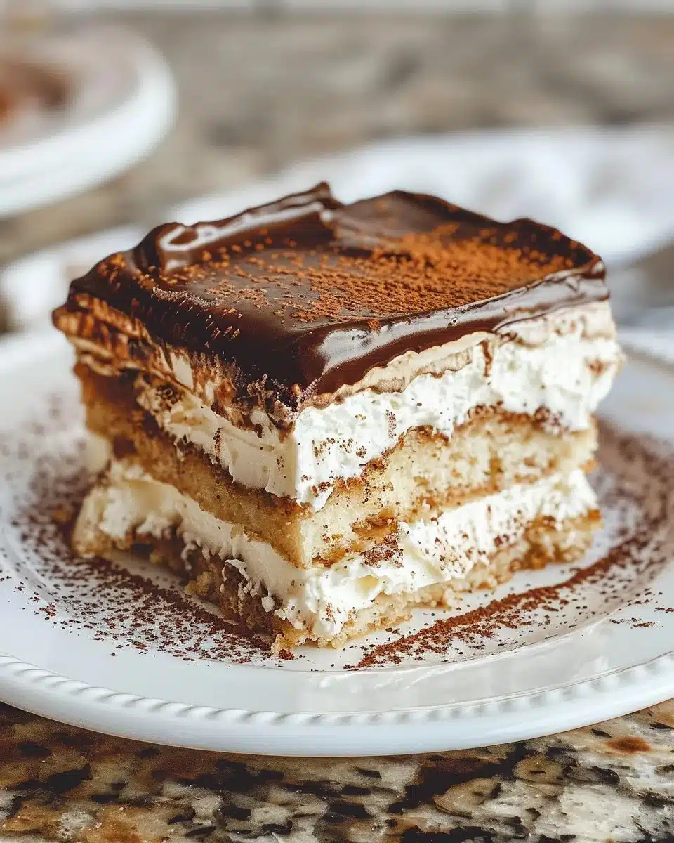 Delicious Triple Chocolate Tiramisu dessert layered with rich chocolate.
