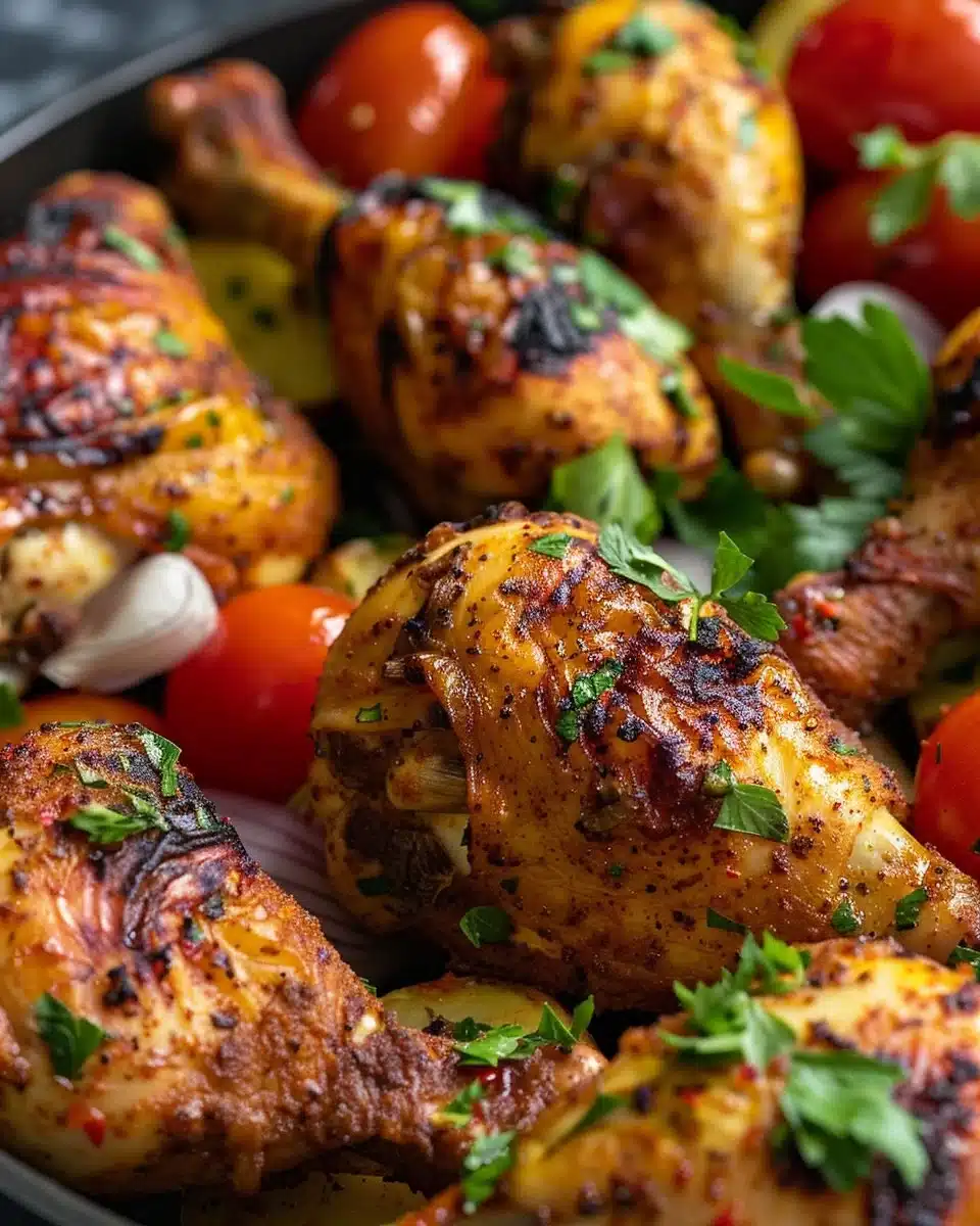 Ultimate creamy herb grilled chicken and fries platter served on a wooden plate