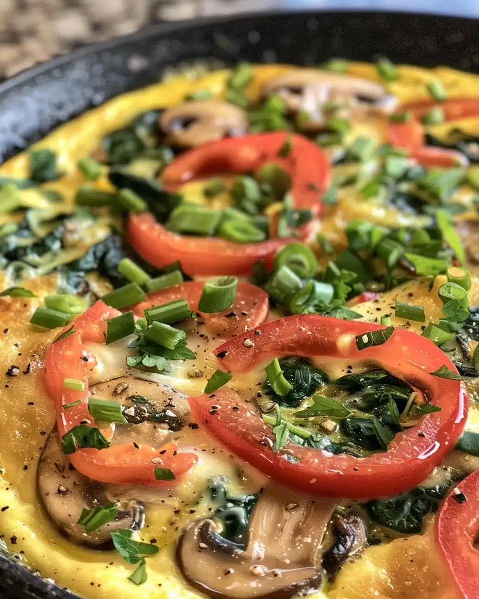 Colorful vegetable frittata with spinach, peppers, and tomatoes on a plate