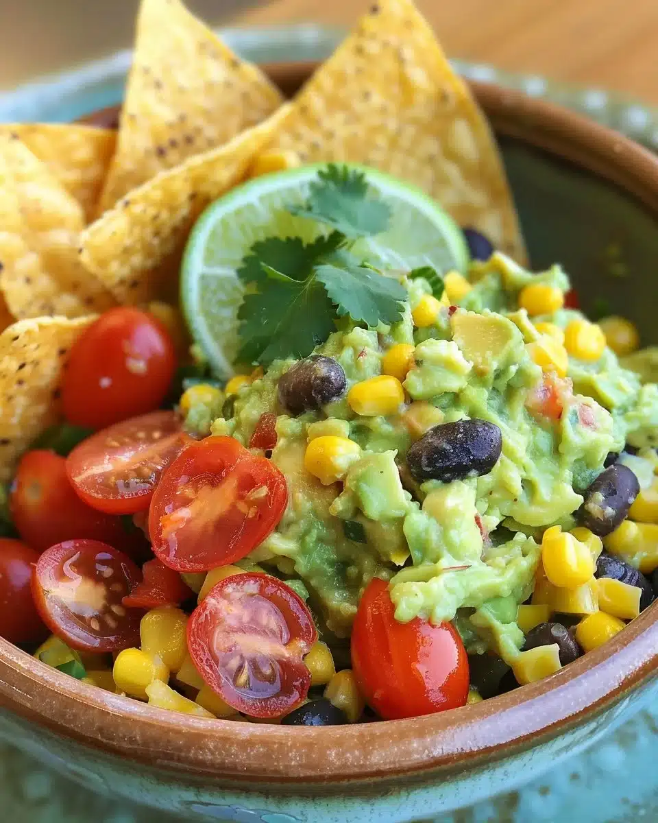 Delicious Avocado Corn Black Bean Dip served in a bowl with tortilla chips