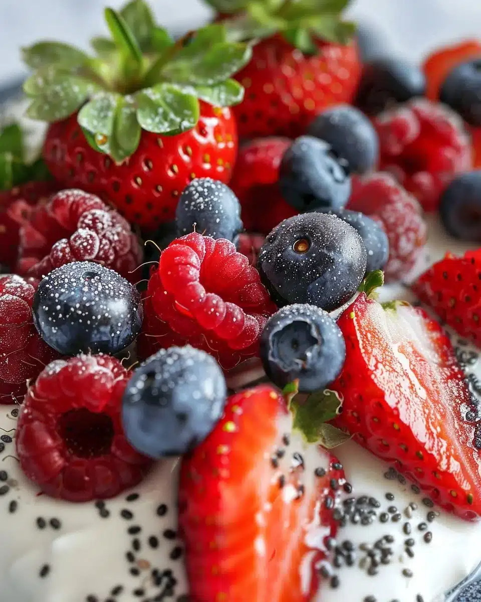 Berry and chia yogurt parfait layered in a glass.