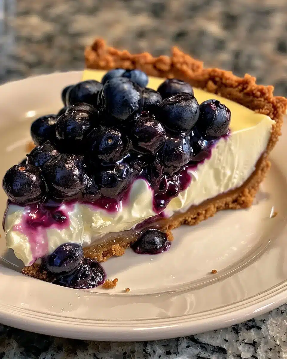 A slice of delicious blueberry cheesecake topped with fresh blueberries