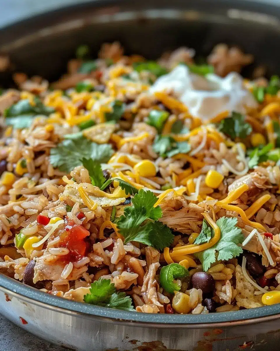 Delicious Chicken Burrito Casserole topped with cheese and fresh ingredients.