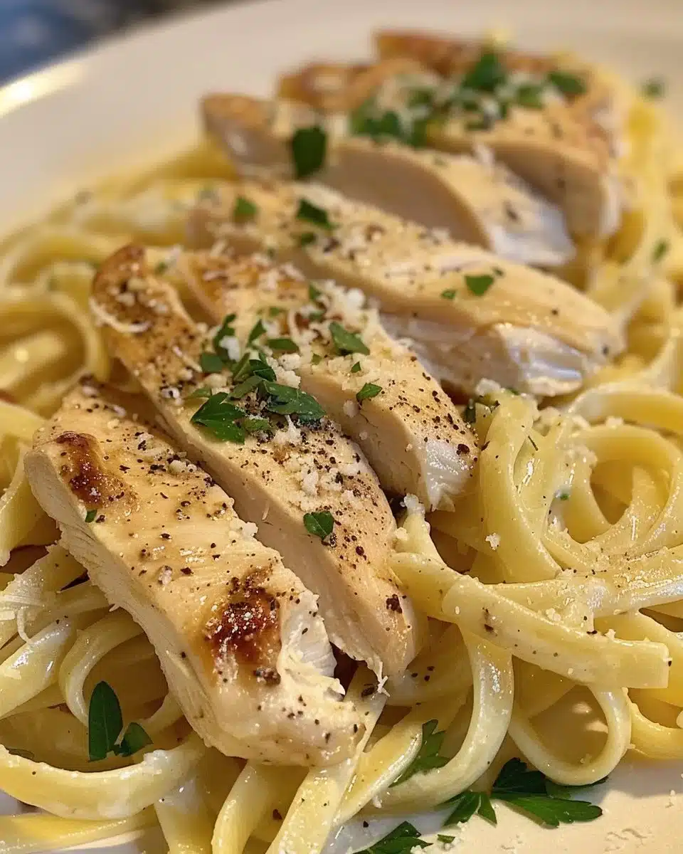 Creamy Chicken Fettuccine Alfredo pasta dish garnished with parsley