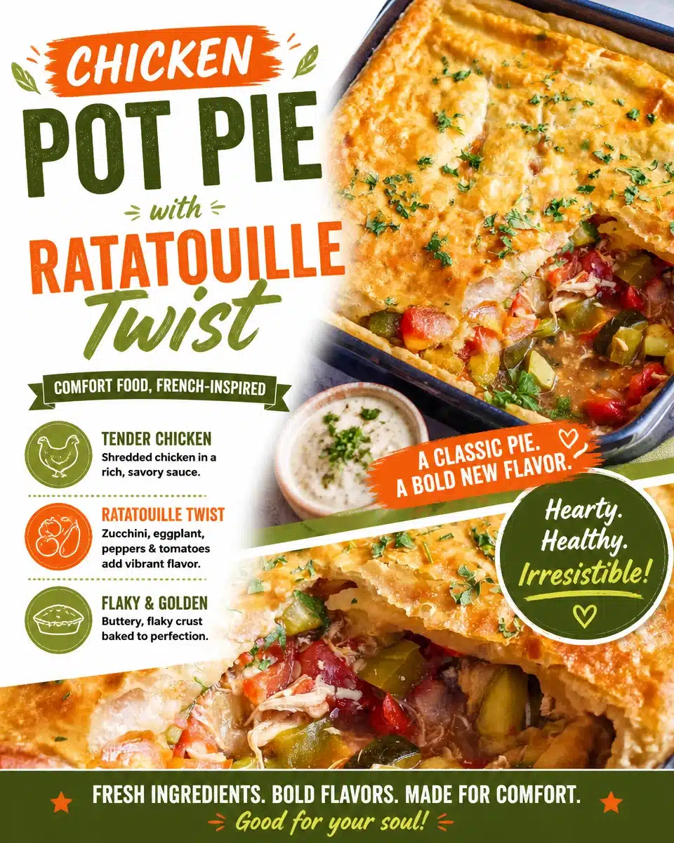 Chicken Pot Pie with Ratatouille twist, featuring vibrant vegetables and flaky crust